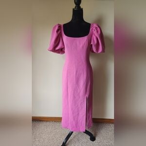 Pink Puff-Sleeve Midi Dress with Square Neck